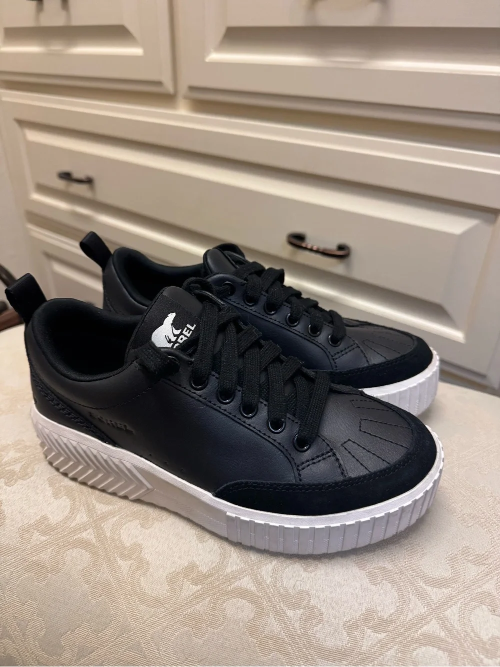 Sorel Waterproof Black Lace-Up Sneakers with White Platform Sole